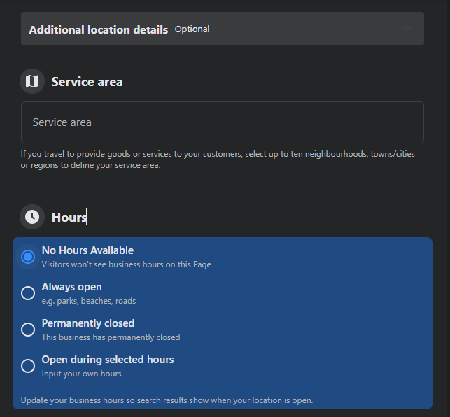 Create A Facebook Business Page In 9 Easy Steps 15 Service Area Hours