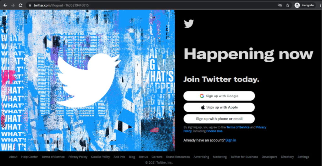 Twitter sign up page