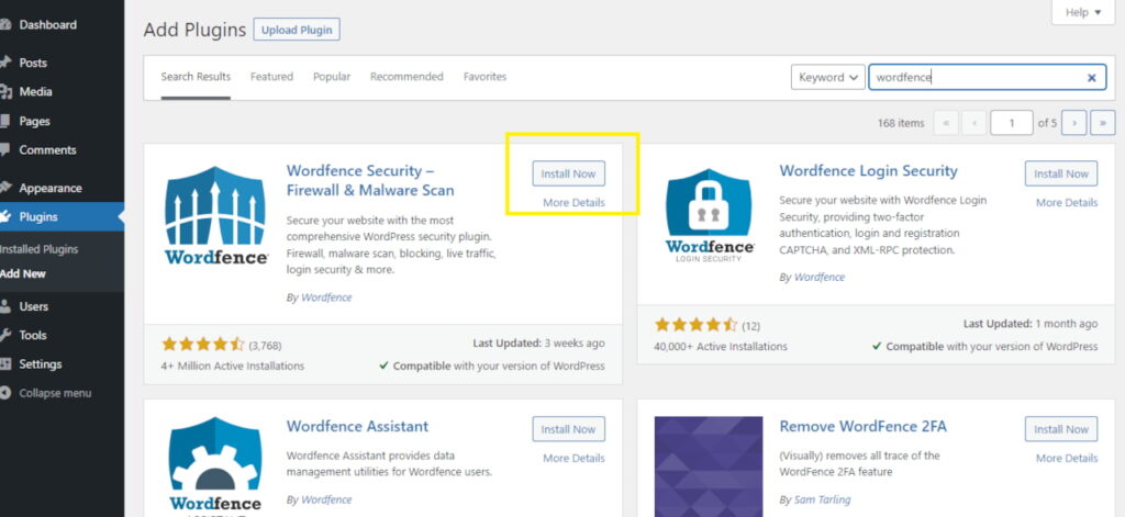 Installing Wordfence security plugin