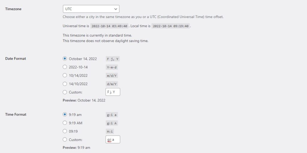 Wordpress time date and timezone settings
