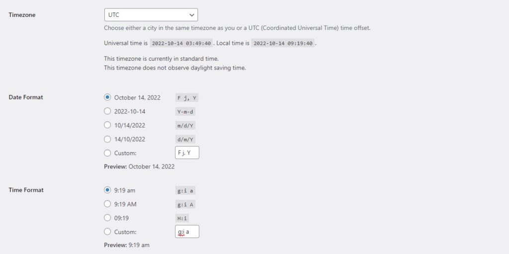 WordPress Time Date and Timezone Settings